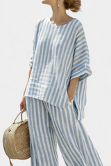 Sorrento | Women's Striped Linen Top Wide Leg Pants Set