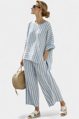Sorrento | Women's Striped Linen Top Wide Leg Pants Set