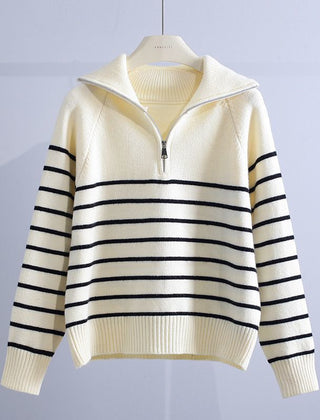 Women’s Cotton Striped Half-Zip Sweater in White
