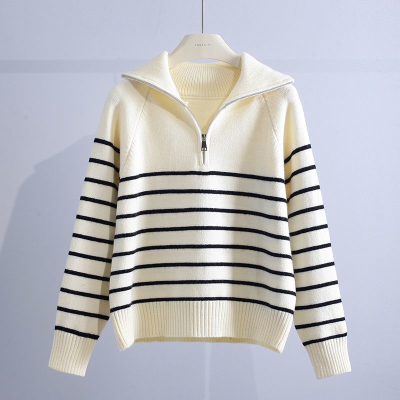Women’s Cotton Striped Half-Zip Sweater in White
