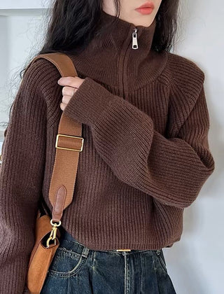 Women’s Oversized Quarter-Zip Knit Sweater in Brown