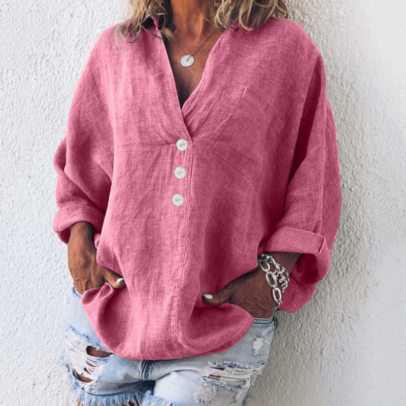 Maeve | Women's Oversized Linen V-Neck Pullover Top Long Sleeve Casual Blouse