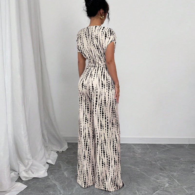 Mona | Women's Off Shoulder Wide Leg Jumpsuit Tie Waist Printed