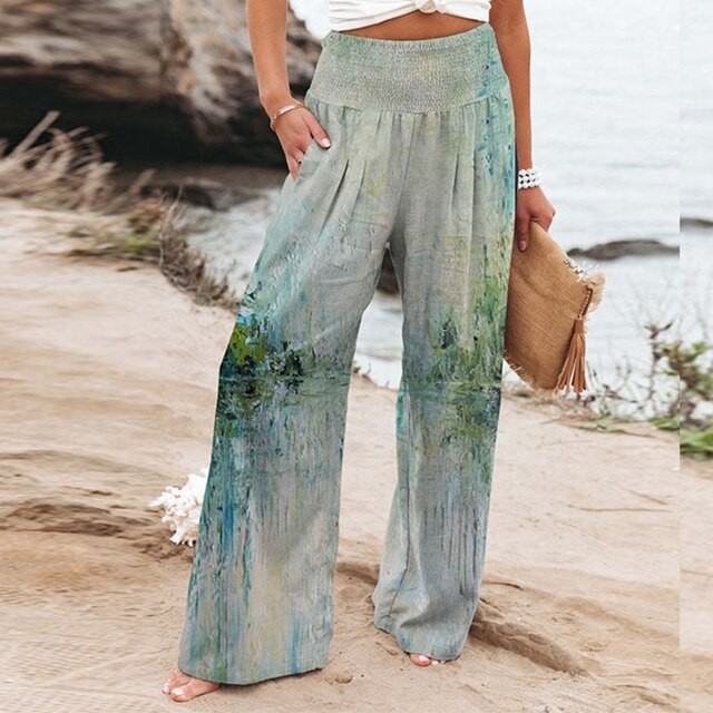 Bella | Women's Wide-Leg Floral Border Print Trousers with Smocked Waist
