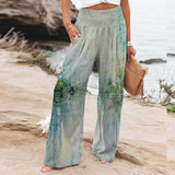 Bella | Women's Wide-Leg Floral Border Print Trousers with Smocked Waist