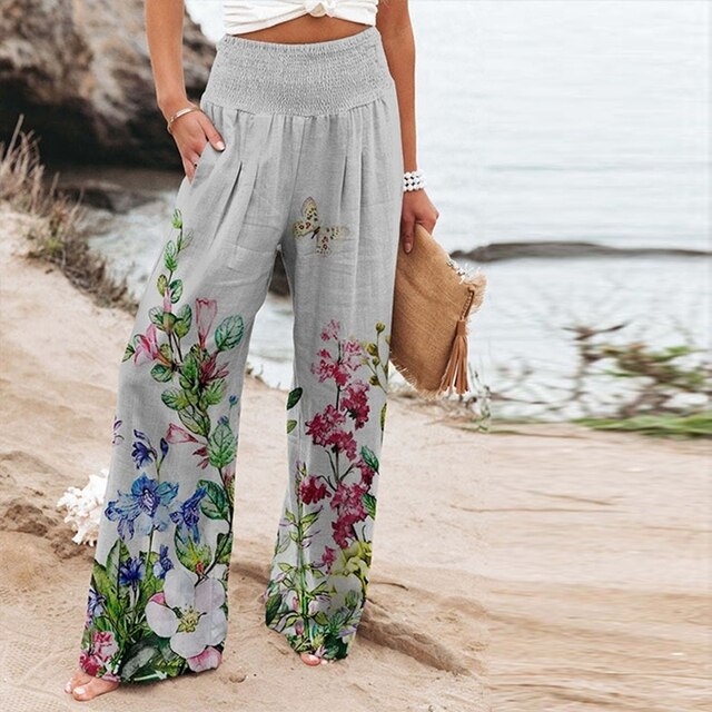 Bella | Women's Wide-Leg Floral Border Print Trousers with Smocked Waist