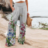 Bella | Women's Wide-Leg Floral Border Print Trousers with Smocked Waist