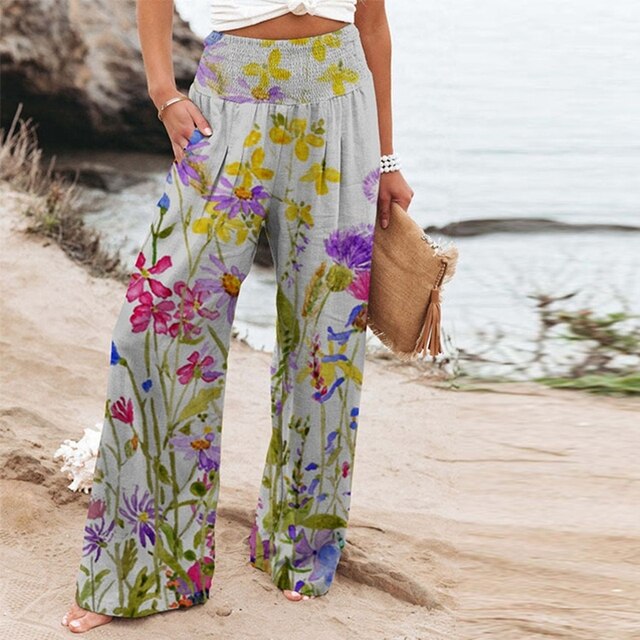 Bella | Women's Wide-Leg Floral Border Print Trousers with Smocked Waist