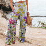 Bella | Women's Wide-Leg Floral Border Print Trousers with Smocked Waist