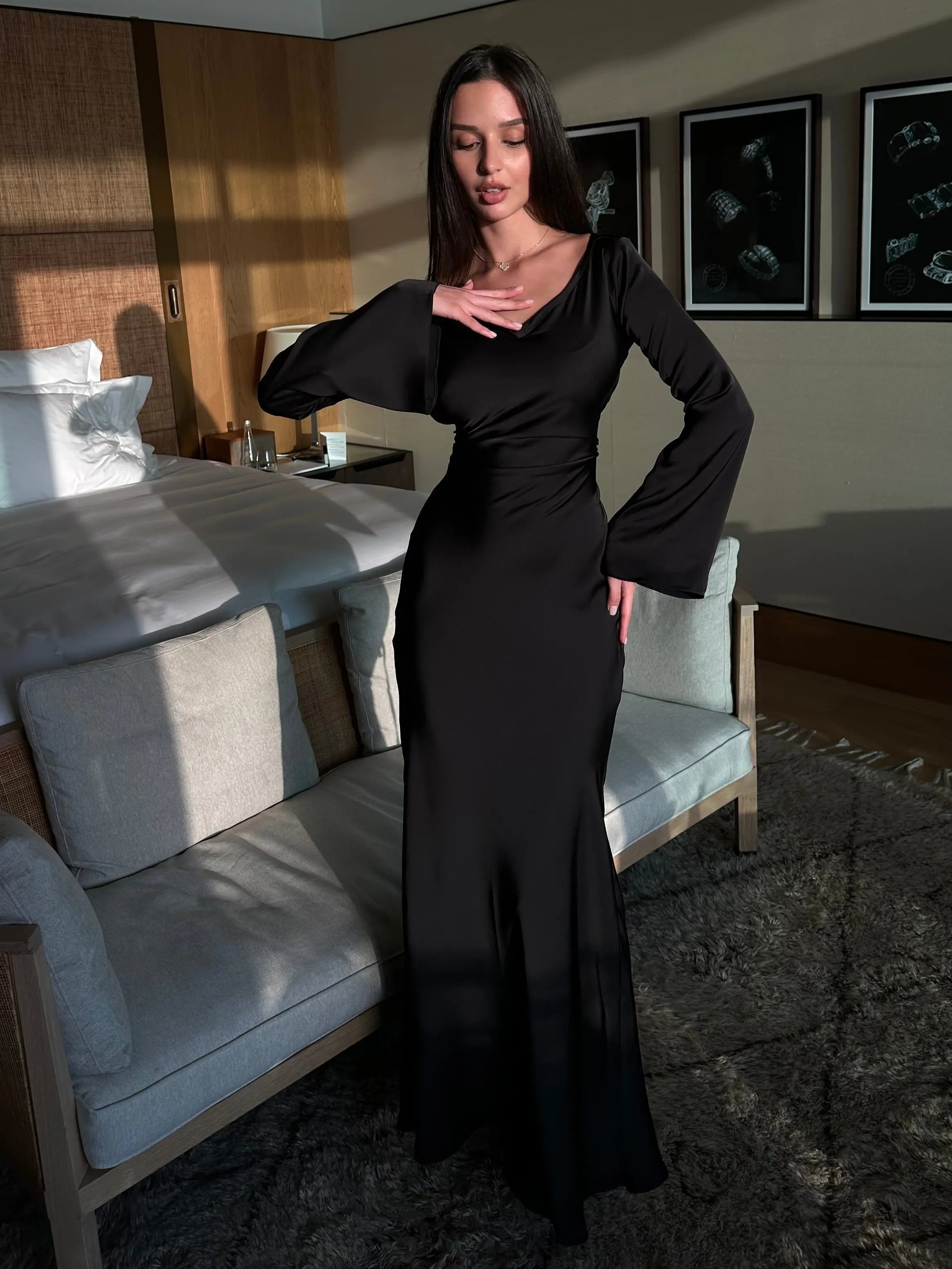 Pharia | Women's Long Sleeve Satin Cowl Neck Maxi Dress