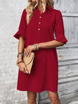 Ember | Women's Collared Ruffle Sleeve Shirt Dress Knee Length