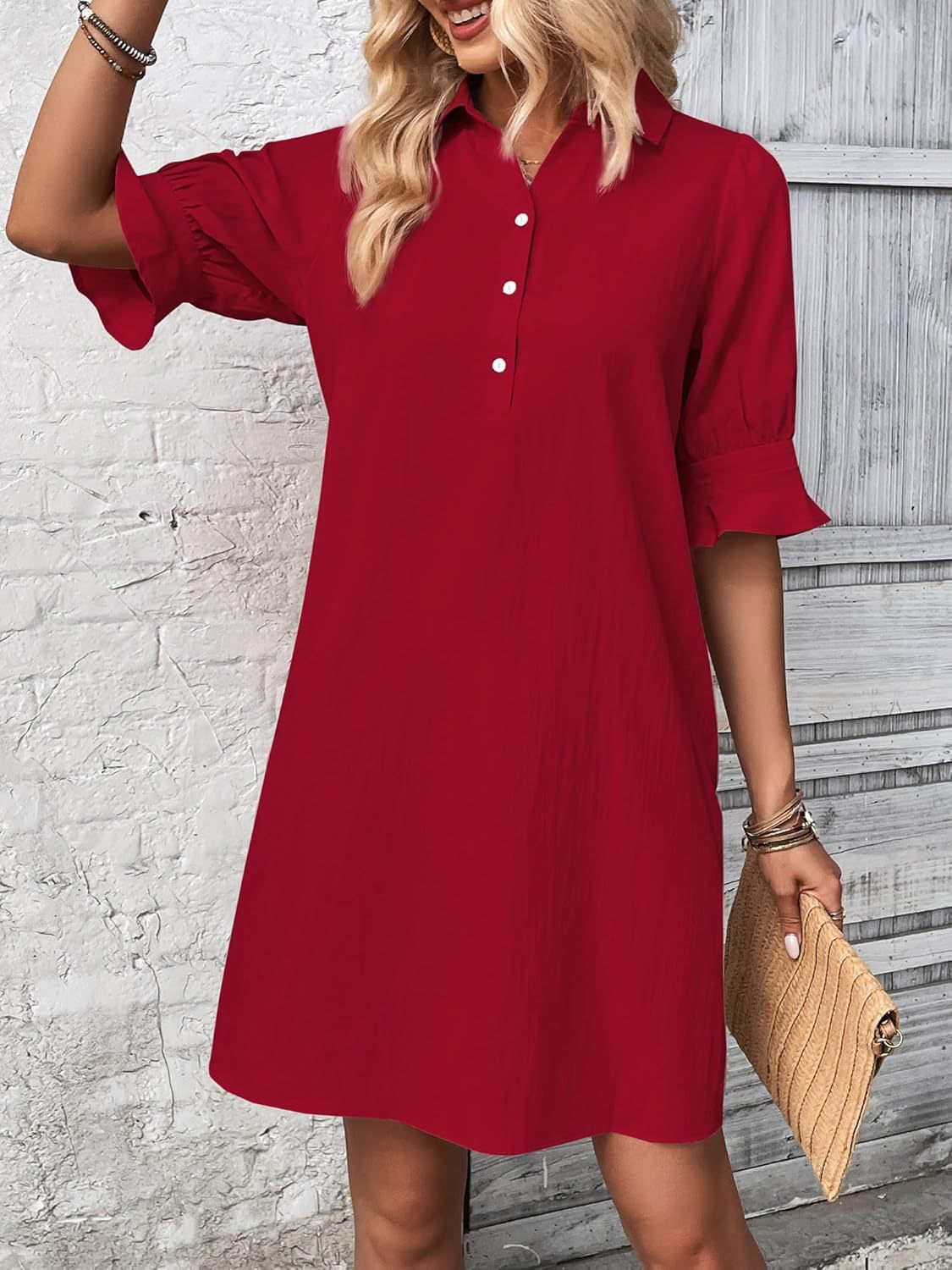Ember | Women's Collared Ruffle Sleeve Shirt Dress Knee Length