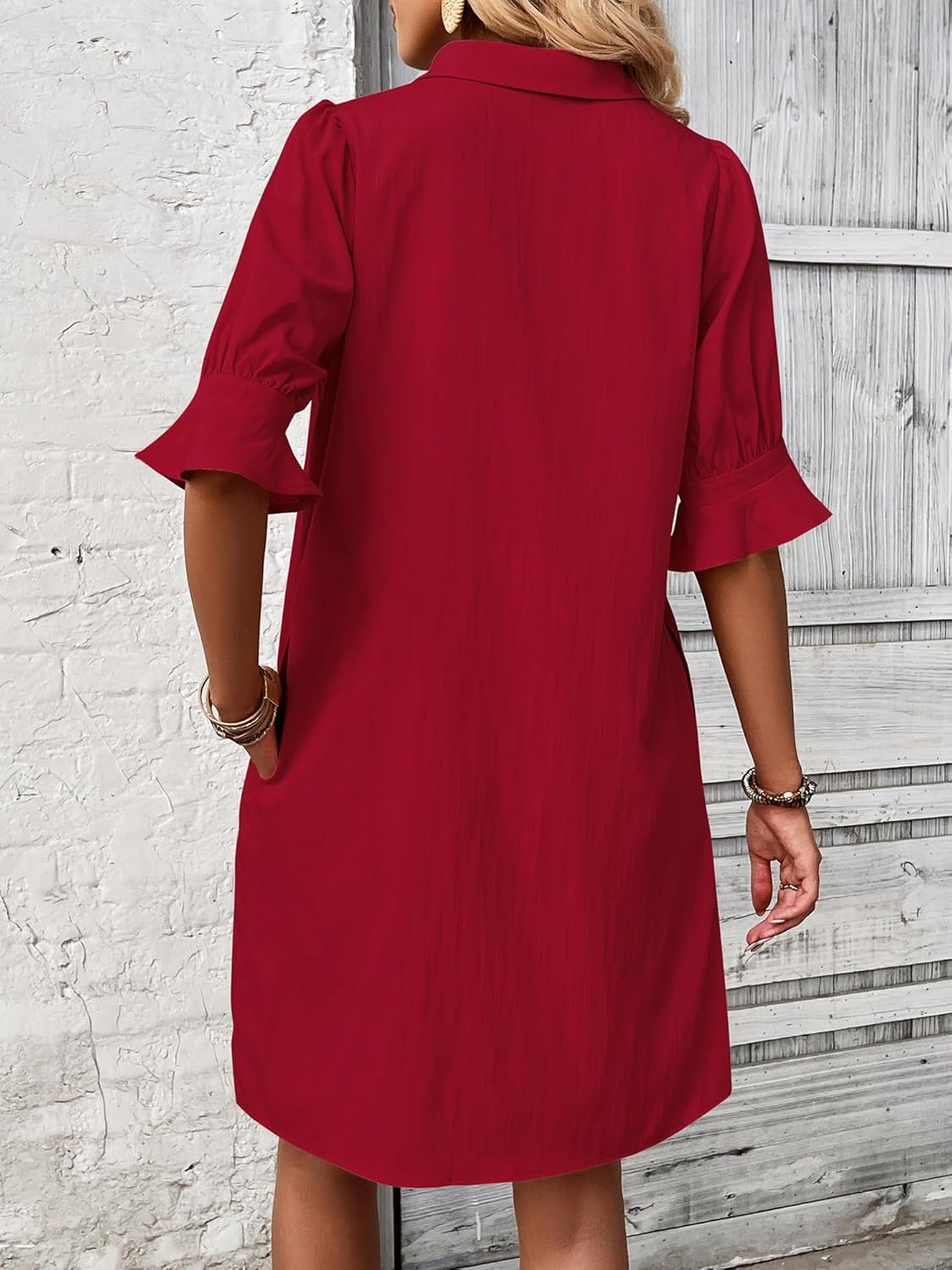 Ember | Women's Collared Ruffle Sleeve Shirt Dress Knee Length