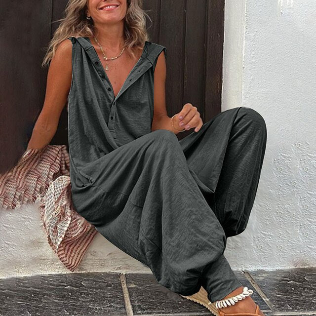 Cleo | Women's Sleeveless Wide-Leg Jumpsuit with Button Front & Pockets