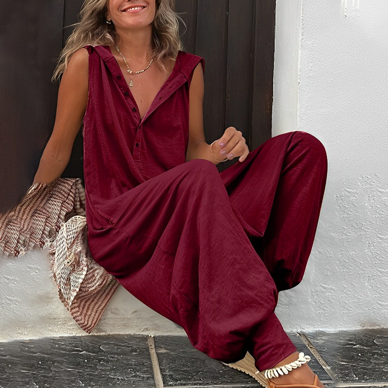 Cleo | Women's Sleeveless Wide-Leg Jumpsuit with Button Front & Pockets