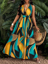 Zara | Women's V-Neck Sleeveless Belted Maxi Dress Printed