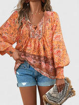 Indie | Women's Boho V-Neck Lace-Up Blouse Long Sleeve Print