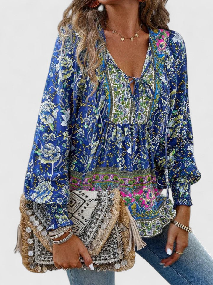 Indie | Women's Boho V-Neck Lace-Up Blouse Long Sleeve Print