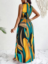 Zara | Women's V-Neck Sleeveless Belted Maxi Dress Printed