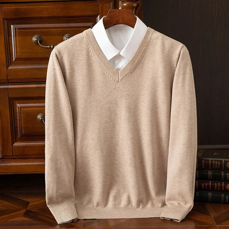 Men’s Cashmere-Blend V-Neck Sweater in Beige