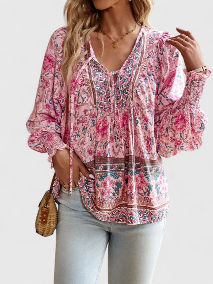 Indie | Women's Boho V-Neck Lace-Up Blouse Long Sleeve Print