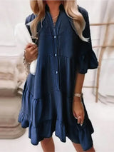 Luna | Women's Denim Ruffle Mini Dress Button-Up V-Neck