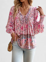 Indie | Women's Boho V-Neck Lace-Up Blouse Long Sleeve Print