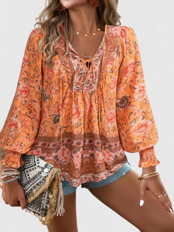 Indie | Women's Boho V-Neck Lace-Up Blouse Long Sleeve Print