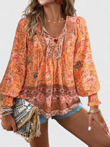 Indie | Women's Boho V-Neck Lace-Up Blouse Long Sleeve Print
