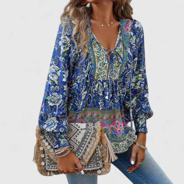 Indie | Women's Boho V-Neck Lace-Up Blouse Long Sleeve Print