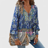 Indie | Women's Boho V-Neck Lace-Up Blouse Long Sleeve Print