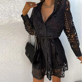 Dionne | Women's Lace Long Sleeve Mini Dress V-Neck Belted Skater Dress