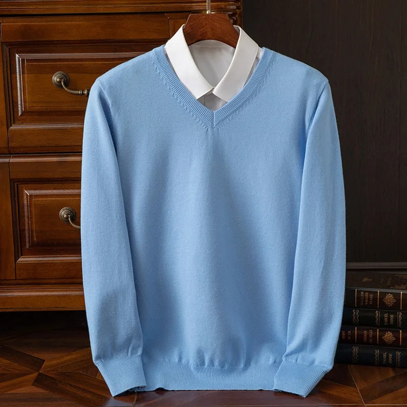Men’s Cashmere-Blend V-Neck Sweater in Sky Blue