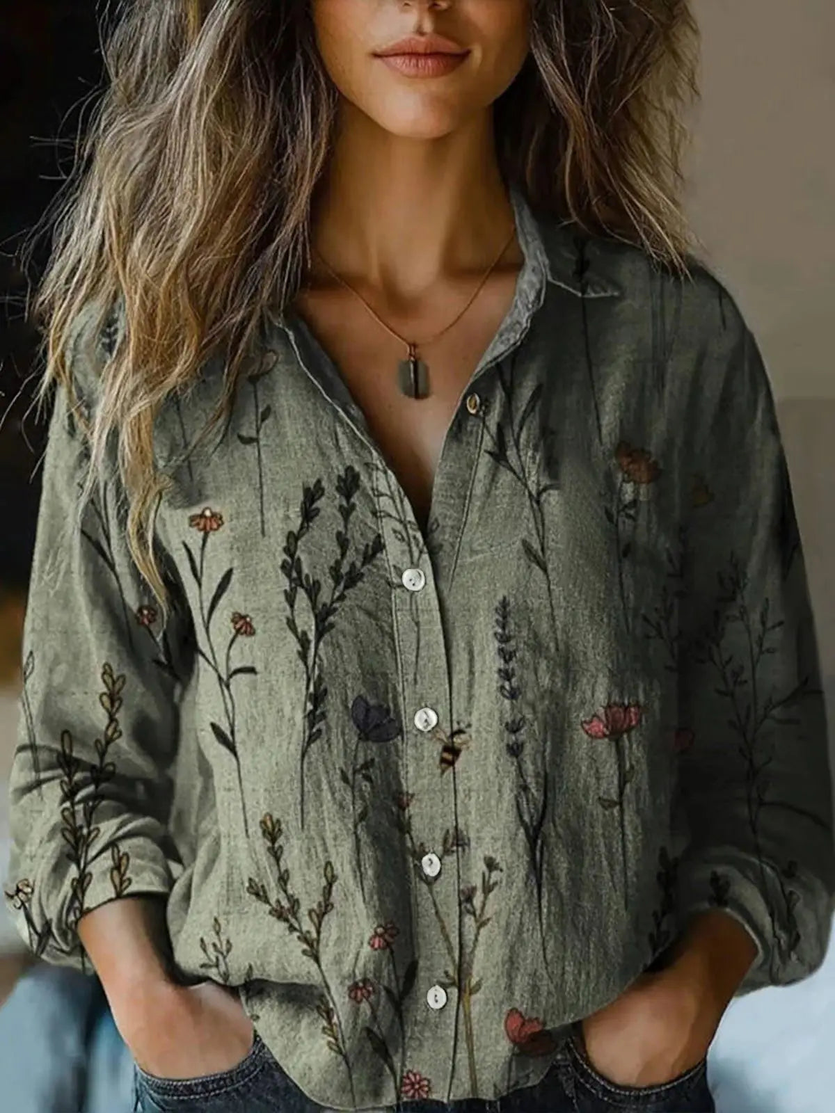 Indie | Women's Boho Print Long Sleeve Button-Up Blouse