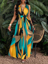 Zara | Women's V-Neck Sleeveless Belted Maxi Dress Printed