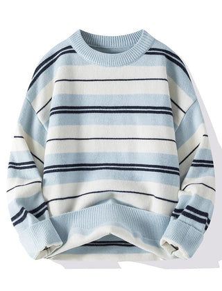 Men’s Cotton-Blend Stripe Crew-Neck Sweater in Blue