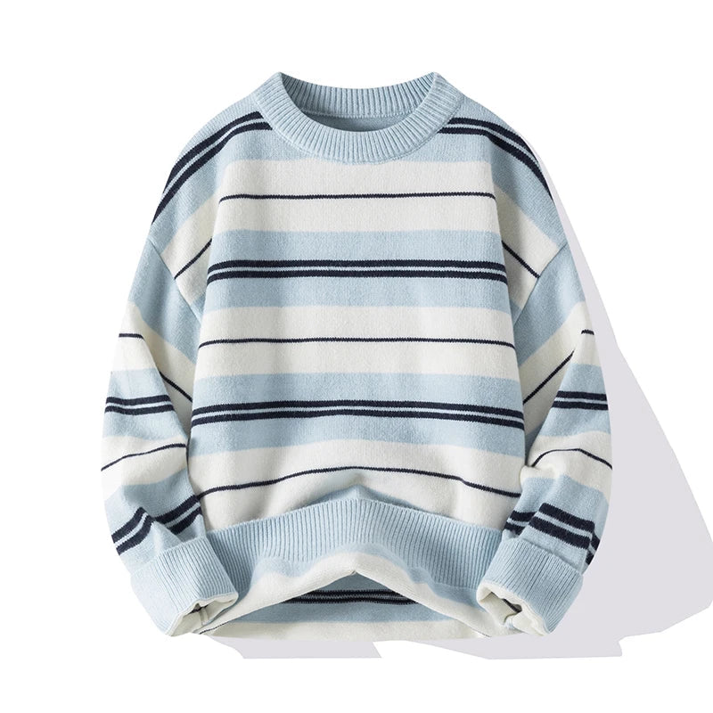 Men’s Cotton-Blend Stripe Crew-Neck Sweater in Blue