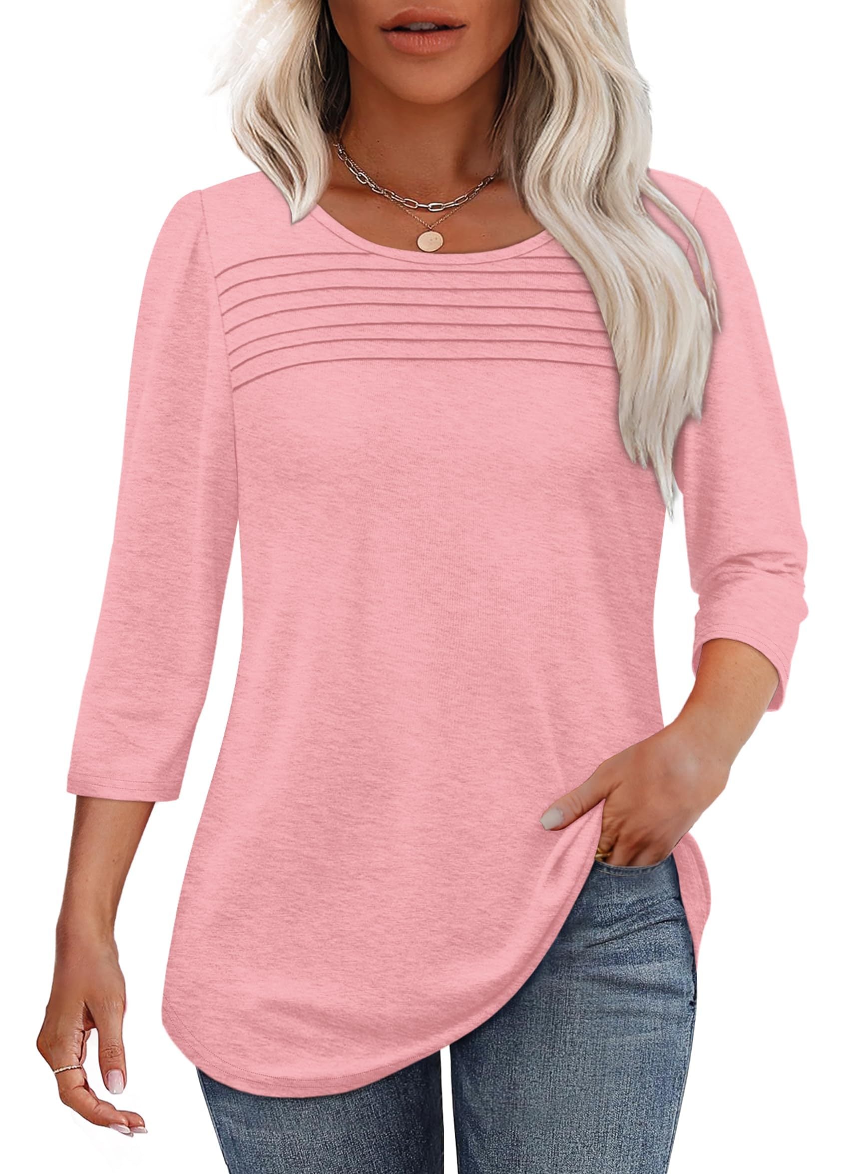 Tessa | Women's 3/4 Sleeve Pleated Top Scoop Neck Casual Everyday Top