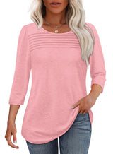 Tessa | Women's 3/4 Sleeve Pleated Top Scoop Neck Casual Everyday Top