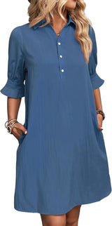 Ember | Women's Collared Ruffle Sleeve Shirt Dress Knee Length