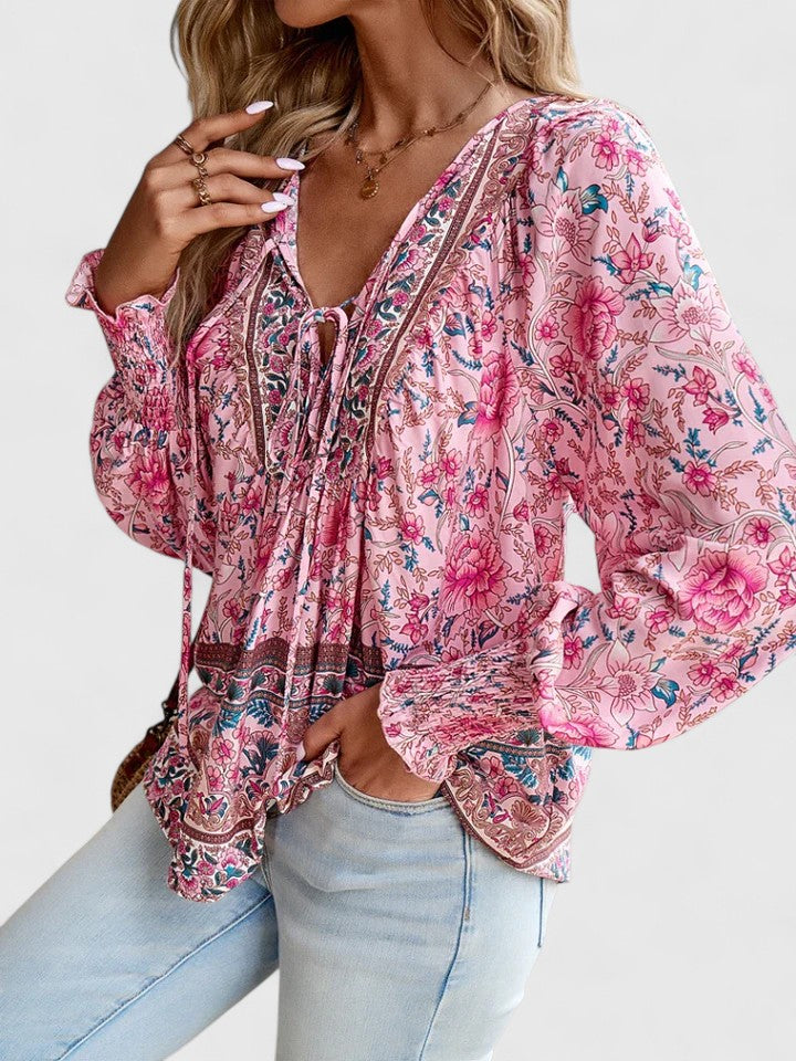 Indie | Women's Boho V-Neck Lace-Up Blouse Long Sleeve Print