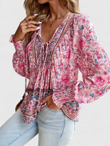 Indie | Women's Boho V-Neck Lace-Up Blouse Long Sleeve Print