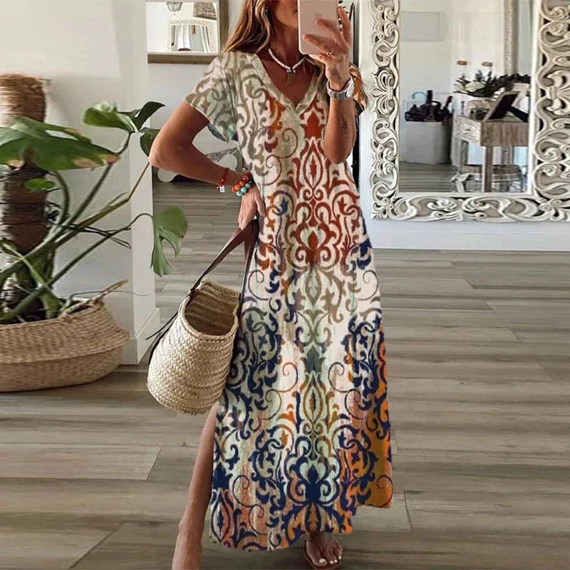 Elena | Women's Printed Maxi Dress with V-Neck & Side Split