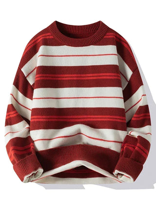 Men’s Cotton-Blend Stripe Crew-Neck Sweater in Red
