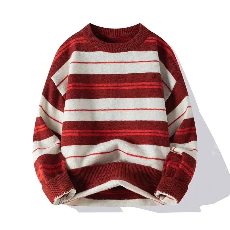 Men’s Cotton-Blend Stripe Crew-Neck Sweater in Red