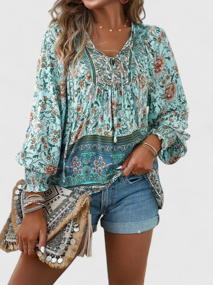 Indie | Women's Boho V-Neck Lace-Up Blouse Long Sleeve Print