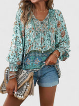 Indie | Women's Boho V-Neck Lace-Up Blouse Long Sleeve Print