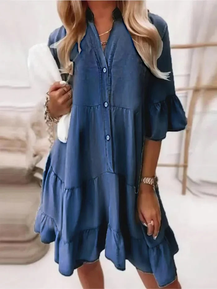 Luna | Women's Denim Ruffle Mini Dress Button-Up V-Neck
