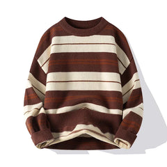 Men’s Cotton-Blend Stripe Crew-Neck Sweater in Brown