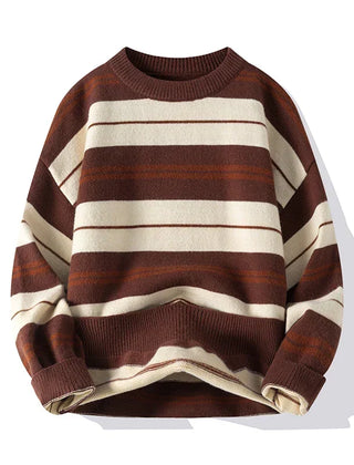 Men’s Cotton-Blend Stripe Crew-Neck Sweater in Brown